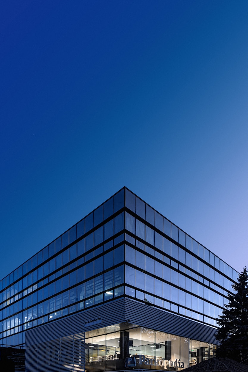 A geometric blue building facade