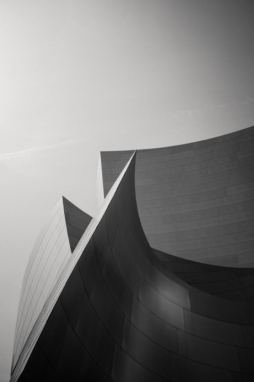 An angular grey architectural facade